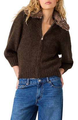 Steve Madden Steve Madden Odessa Faux Fur Collar Zip Sweater