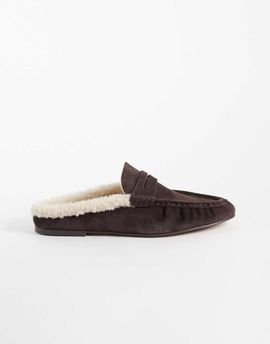 Steve Madden Steve Madden Rafe ruched mule loafers with faux shearling trim in chocolate suede-Brown