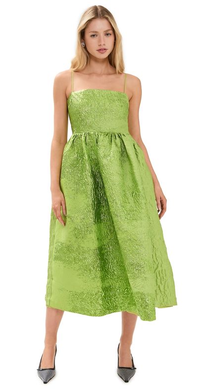 green gathered dress Prim Pleated Midi Dress - Green Floral Chiffon