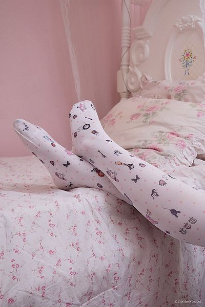 Strawberry Western Strawberry Western Sentimental Circus Printed Tights in White, Women's at Urban Outfitters