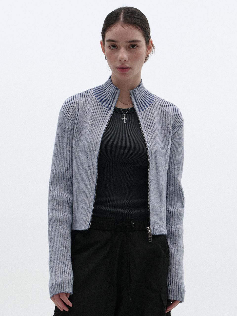 SUADE Fancy Cropped Zip Up Knit Cardigan - Blue