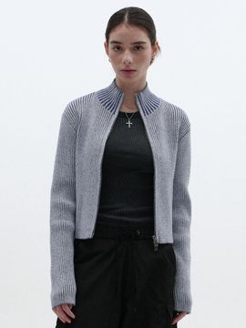SUADE Fancy Cropped Zip Up Knit Cardigan - Blue