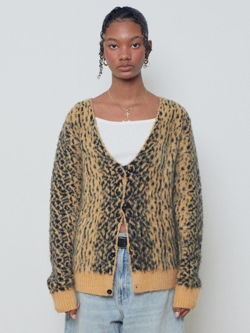 SUADE Hairy Texture Leopard Pattern Cardigan [YELLOW]