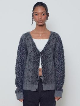 SUADE Leopard Pattern Hairy Texture Cardigan [BLACK]