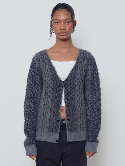SUADE Leopard Pattern Hairy Texture Cardigan [BLACK]