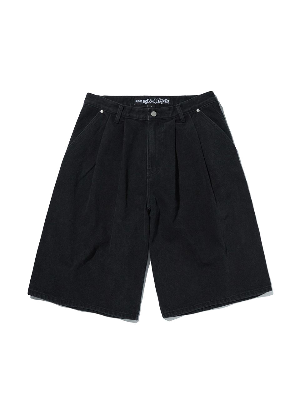 SUADE TWO TUCK DENIM SHORTS [BLACK]