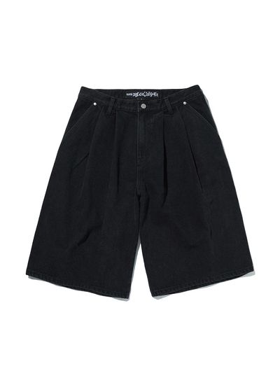 SUADE TWO TUCK DENIM SHORTS [BLACK]