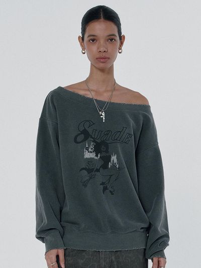 SUADE Witch Washed Oversized Cotton-Polyester Crewneck [Charcoal Gray]