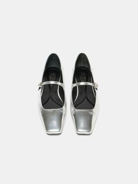 SUECOMMA BONNIE Square Toe Mary Jane Leather Flats [Silver] (DG1DS25011SVX)
