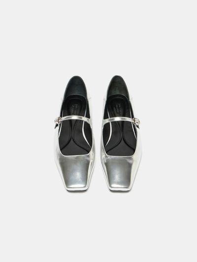 SUECOMMA BONNIE Square Toe Mary Jane Leather Flats [Silver] (DG1DS25011SVX)