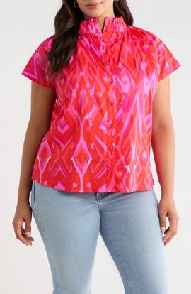 SUGARLIPS SUGARLIPS Blevin Ikat Patma Button-Up Mock Neck Top