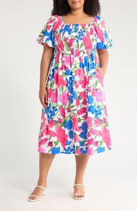 SUGARLIPS SUGARLIPS Liran Floral Maray Smocked Cotton Midi Dress