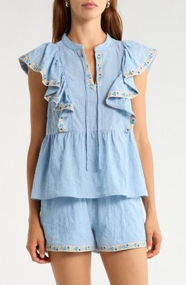 SUGARLIPS SUGARLIPS Marcy Floral Ruffle Trim Split Neck Top