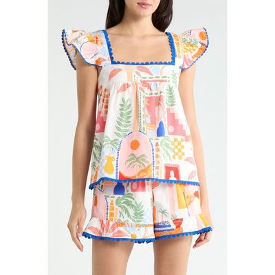 SUGARLIPS SUGARLIPS Petrolia Town Ada Embroidered Scalloped Trim Flutter Sleeve Cotton Top