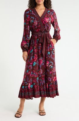 SUGARLIPS SUGARLIPS Tory Paisley Mindie Long Sleeve Faux Wrap Midi Dress