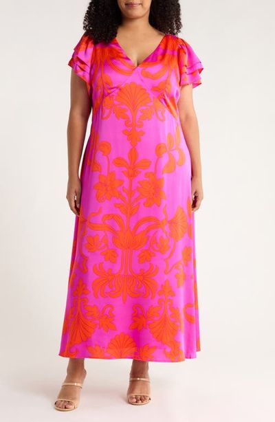 SUGARLIPS SUGARLIPS Vallie Floral Flutter Sleeve Satin Maxi Dress