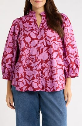 SUGARLIPS SUGARLIPS Yunice Floral Puff Sleeve Cotton Button-Up Top