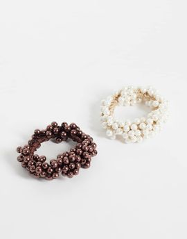Sui Ava Sui Ava 2 pack classic faux pearl hair tie in brown and white-Multi