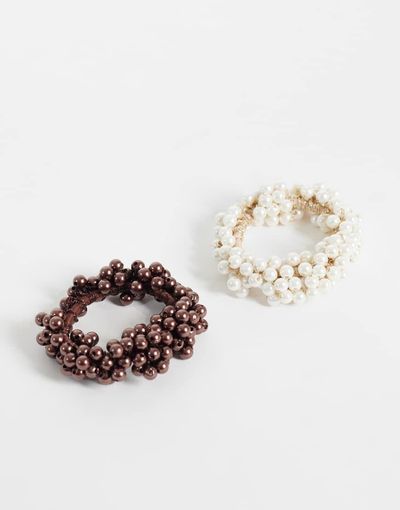 Sui Ava Sui Ava 2 pack classic faux pearl hair tie in brown and white-Multi