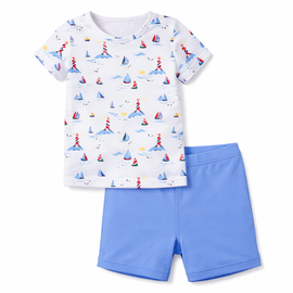 Sunburnt Sunburnt Sail Boat Short Sleeve Swim Top and Elastic Waist Shorts Two Piece Swimsuit Set