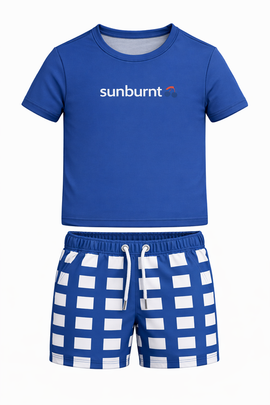 Sunburnt Sunburnt Print Checkered Rashguard & Drawstring Shorts Swim Set