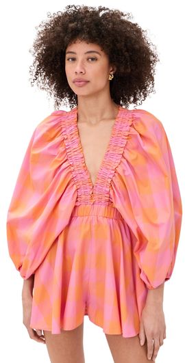 SUNDRESS SUNDRESS Alicia Romper Big Gingham Orange And Pink