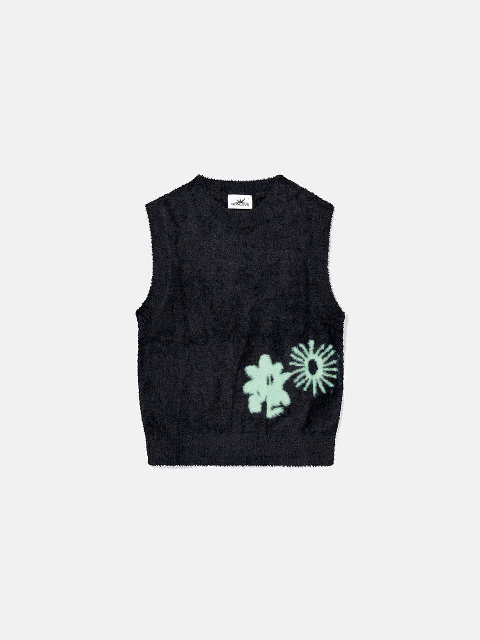 SUNLOVE Shaggy Knit Graphic Jacquard Vest [Black]