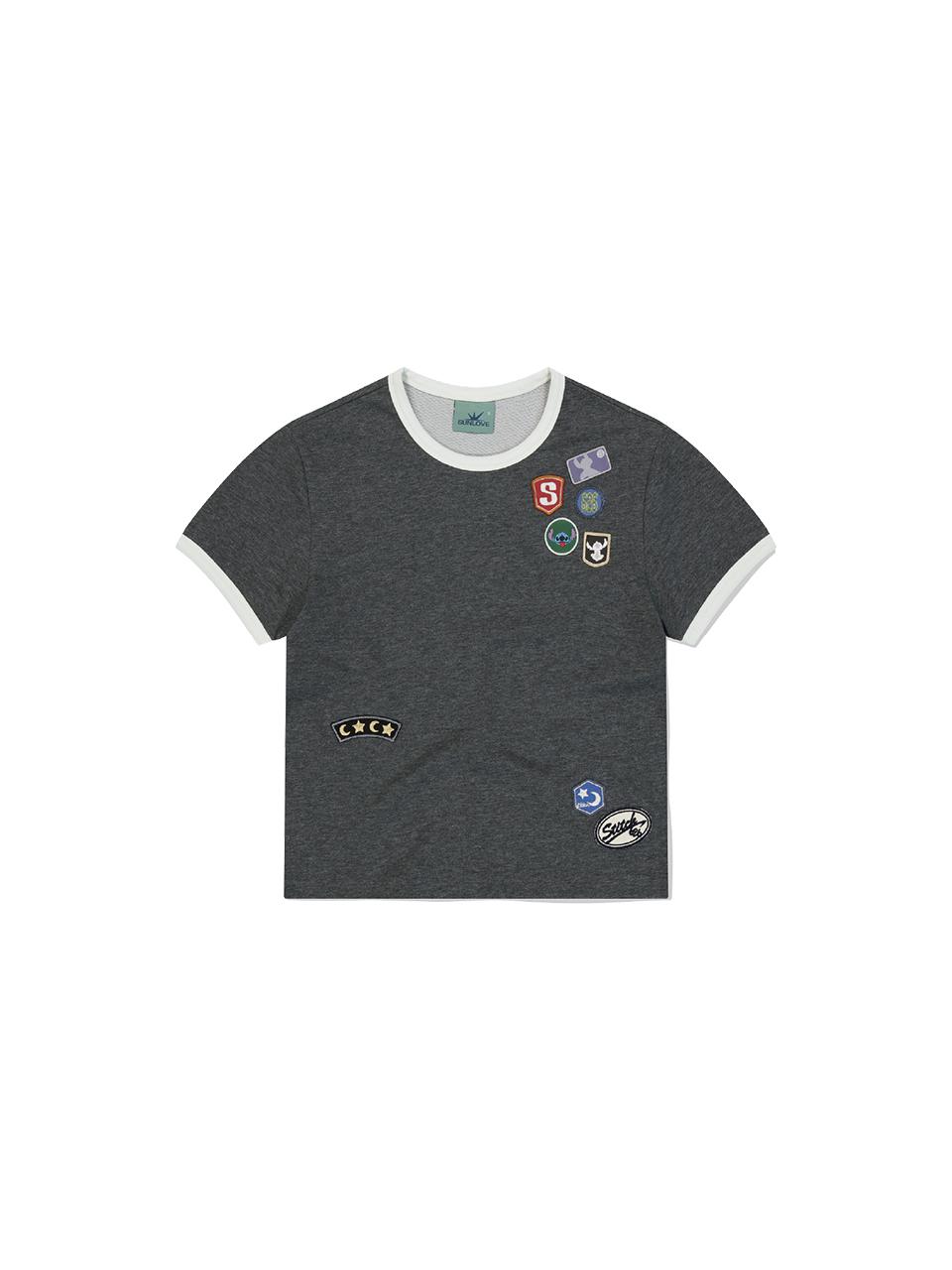 SUNLOVE STITCH W Wappen Ringer Tee [Heather Charcoal]