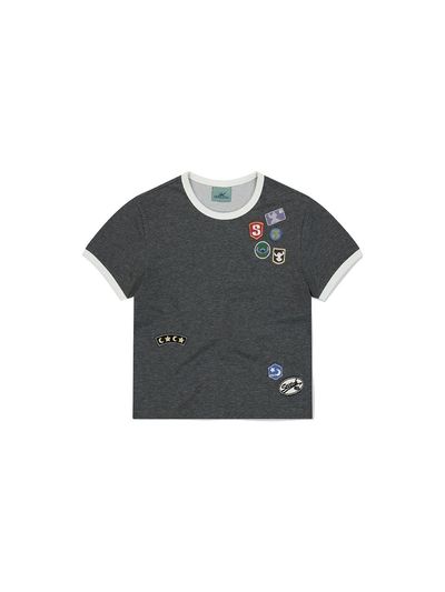 SUNLOVE STITCH W Wappen Ringer Tee [Heather Charcoal]