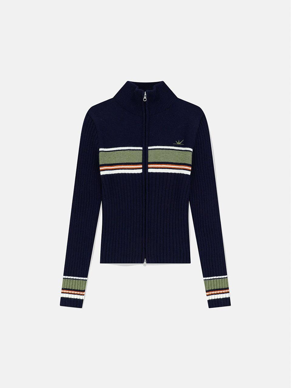SUNLOVE Striped Merino Wool Full Zip Cardigan [Navy]