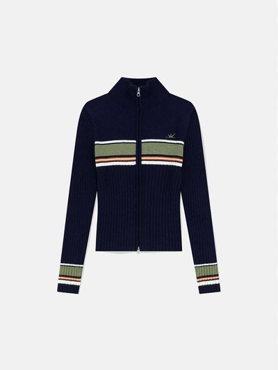 SUNLOVE Striped Merino Wool Full Zip Cardigan [Navy]