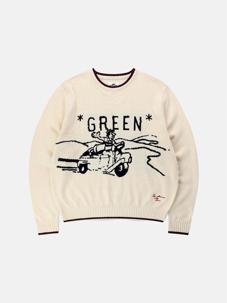 SUNLOVE Wool Blend Jacquard Knit Sweater [GREEN, WHITE]