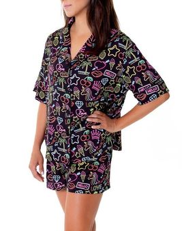 Sunshine Society Sunshine Society Neon Lights Silky Short Sleeve Shorts Set