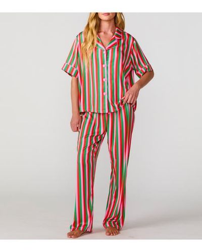 Sunshine Society Sunshine Society Silky Christmas Candy Stripe Short Sleeve Pant Set 
