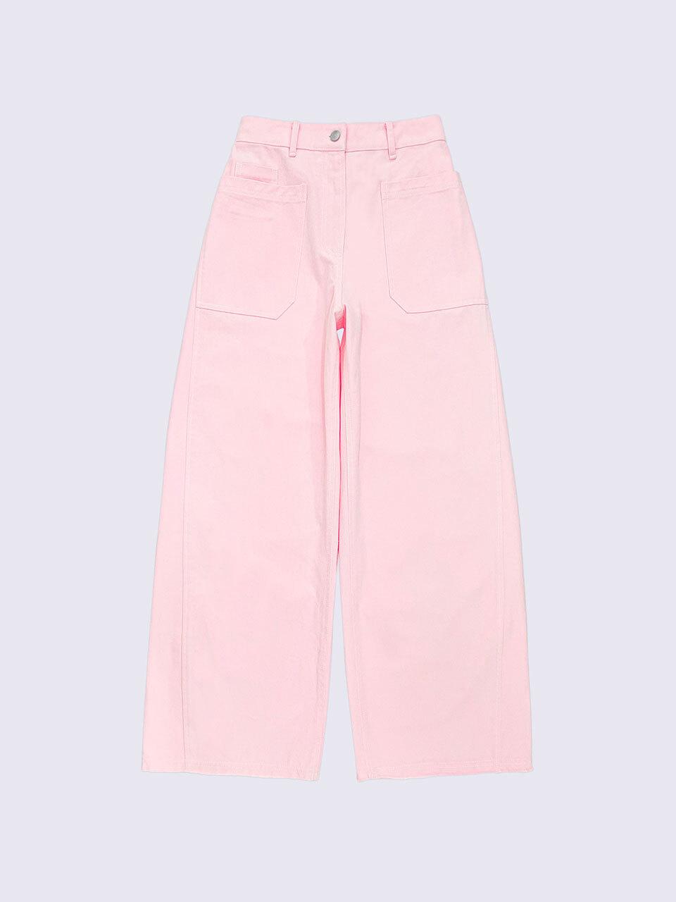 SUPERTHINGS Big Pocket Elastic Waist Raw Hem Denim Pants [Pink]