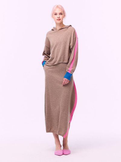 SUPERTHINGS Cashmere Unbalanced Side Slit Skirt [Light Brown]
