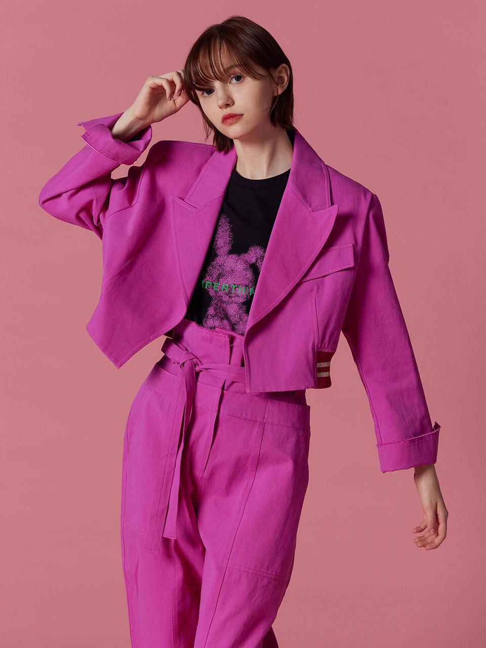 SUPERTHINGS Cropped Knit Peaked Lapel Jacket [PINK]