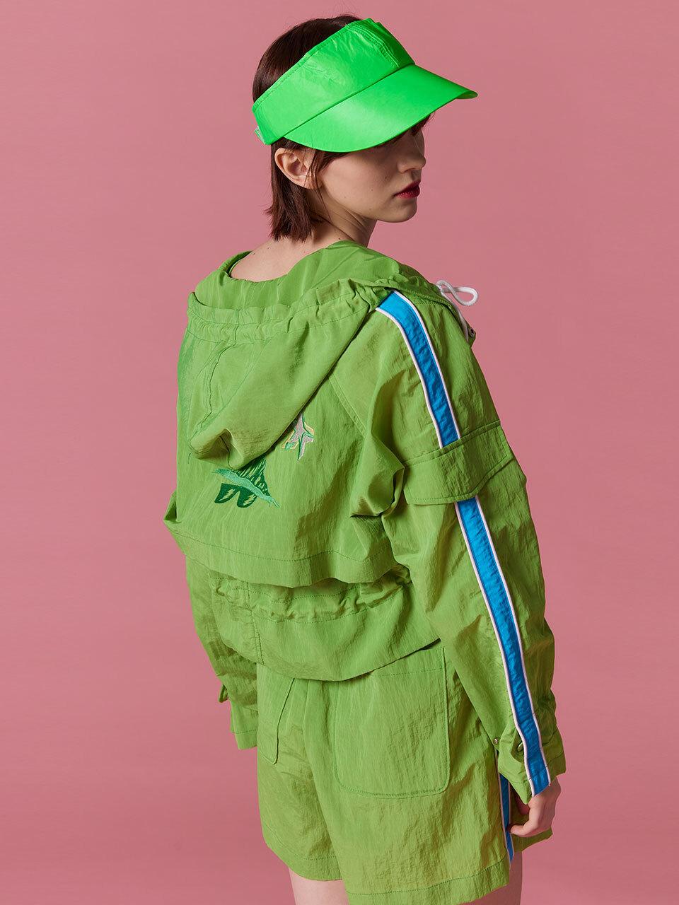 SUPERTHINGS Embroidered High-Neck Hooded Windbreaker Jacket [GREEN]