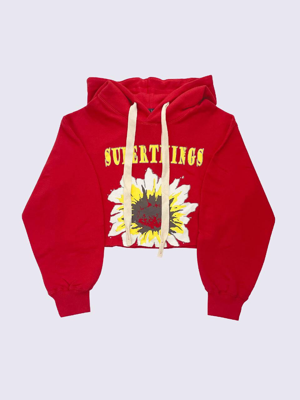 SUPERTHINGS Floral Print Cropped Loose Fit Hoodie [RED]