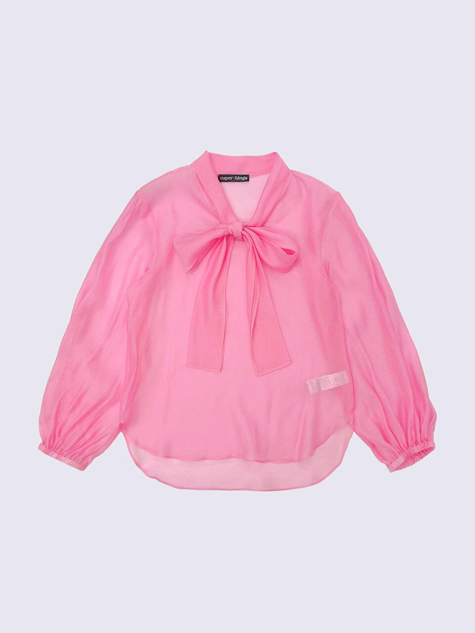 SUPERTHINGS Organza Ribbon Tie Sheer Blouse [GREEN]