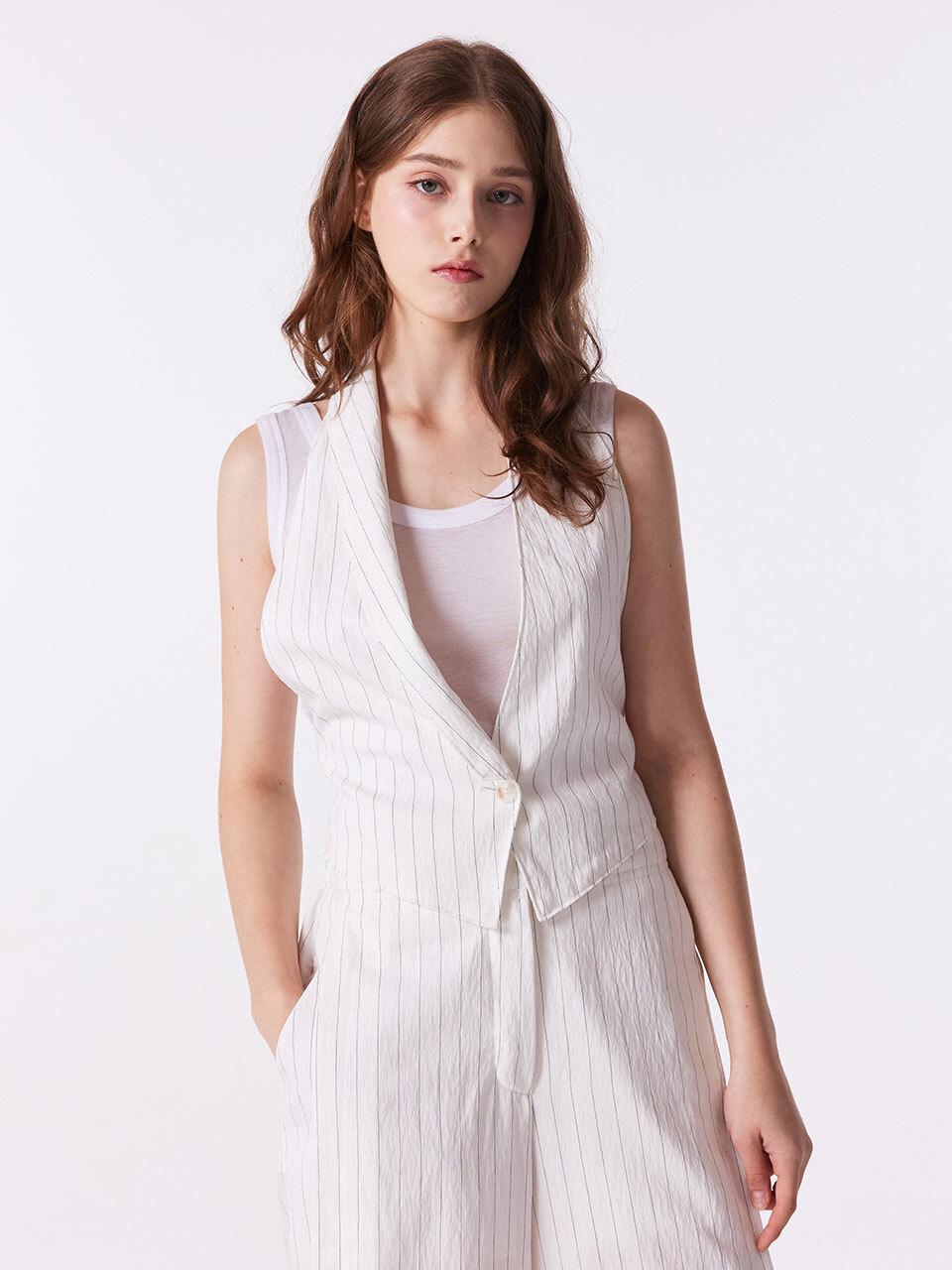 SUPERTHINGS Pinstripe Asymmetrical Lightweight Vest [Beige]
