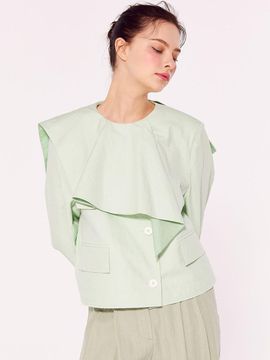 SUPERTHINGS Ruffle Round Neck Linen Cotton Jacket [GREEN]