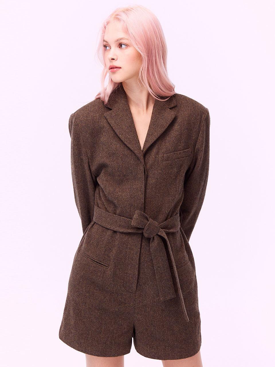 SUPERTHINGS Wool Herringbone 4-Button Tailored Jumpsuit [BROWN]