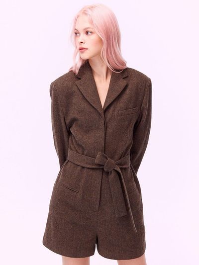 SUPERTHINGS Wool Herringbone 4-Button Tailored Jumpsuit [BROWN]