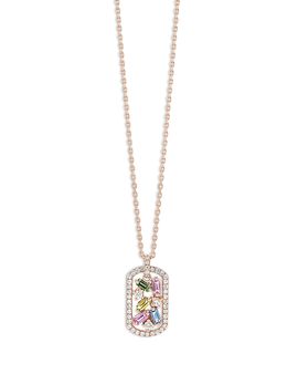 Suzanne Kalan Suzanne Kalan 18K Rose Gold Frenzy Rainbow Sapphire & Diamond Scatter Cluster Openwork Dog Tag Pendant Necklace, 16-18