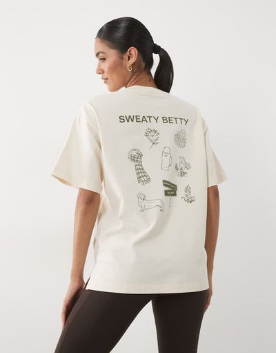 Sweaty Betty Sweaty Betty British Heritage graphic T-shirt in creme beige bracken green graphic script wordmark-Brown