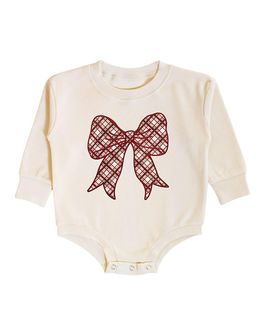 Sweet Wink Sweet Wink Girls' Christmas Plaid Bow Patch Long Sleeve Romper