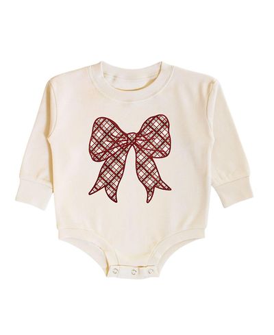 Sweet Wink Sweet Wink Girls' Christmas Plaid Bow Patch Long Sleeve Romper