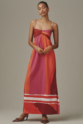 strapless open back dress Coralene Puff Sleeve Midi Dress in Pink