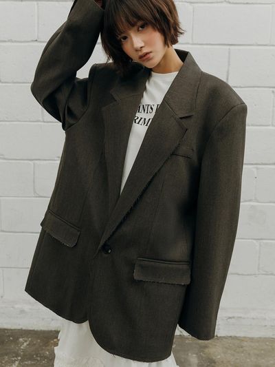SY2C Frayed Oversized Grunge Blazer [Beige, Gray]